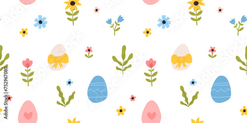 Lovely hand drawn Easter seamless pattern with bunnies, doodles, flowers, easter eggs, beautiful background. Suitable for Easter cards, banner, textiles, wallpapers.