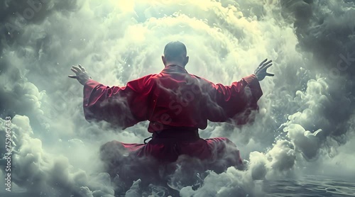Focused shaolin monk using chi technique to control elemental forces, such as the swirling fog follows his hand movement photo