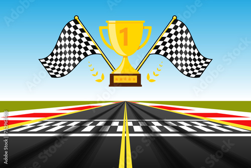 Racing track with Start or Finish line trophy cup race track road winner illustration vector photo