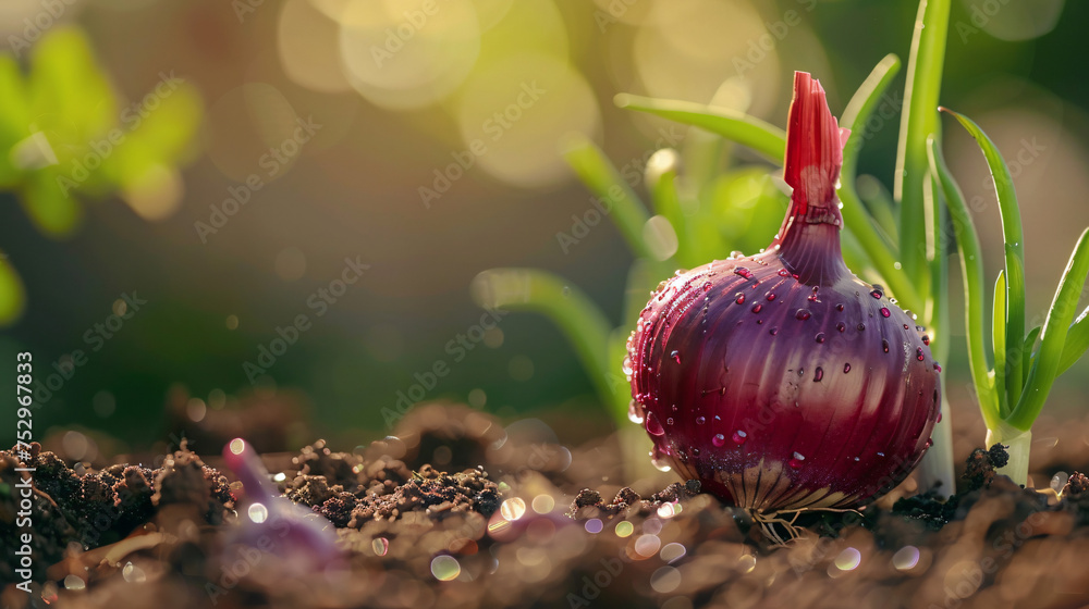 red onion in fertile soil - obrazy, fototapety, plakaty 
