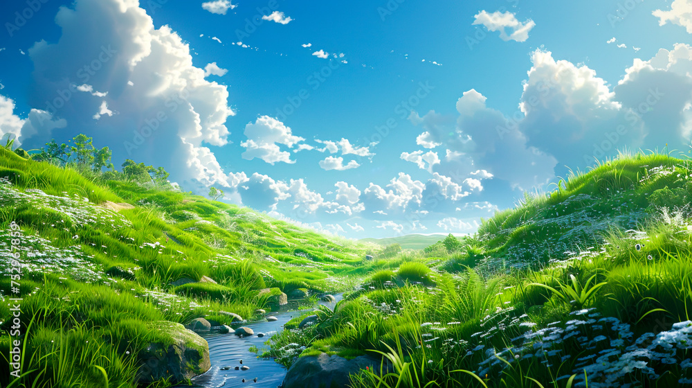 Vast Green Meadows and Cloudy Skies: A Detailed Traditional Animation in Sky Blue, created with Generative AI technology - obrazy, fototapety, plakaty 