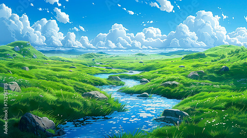Rolling Meadows: A Stunning View of Lush Green Hills and Clear Blue Skies, Captured with High Detail in Traditional Animation Style, created with Generative AI technology