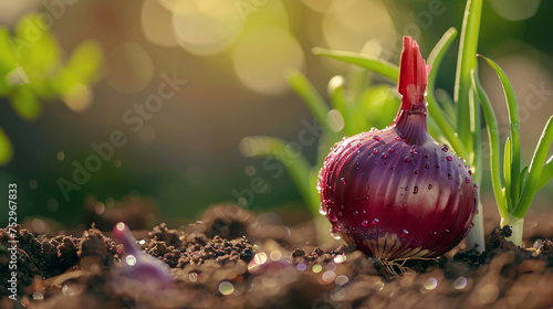 red onion in fertile soil