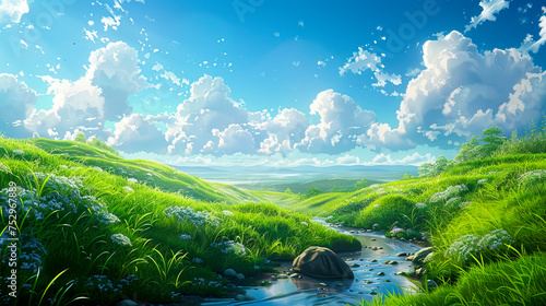 Rolling Hills and Fluffy Clouds: A Tranquil Landscape in Traditional Animation Style, crafted with Generative AI technology.