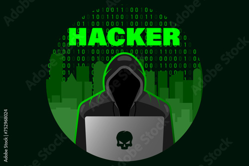 Hacker with laptop vector computer stealing confidential data, personal information, credit card. Internet phishing concept illustration