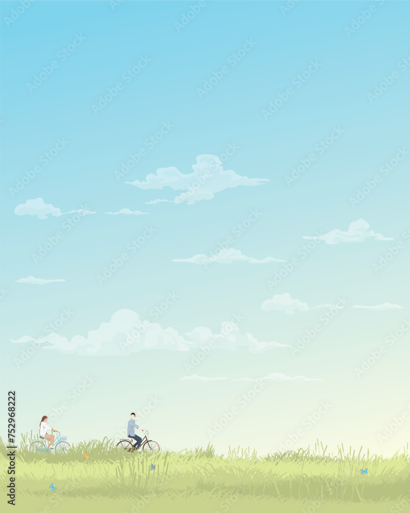 Man and woman riding bicycle together with nature landscape spring season flat design vector illustration vertical shape have blank space. Man and woman riding bicycle together with nature landscape spring season flat design vector illustration vertical shape have blank space.
