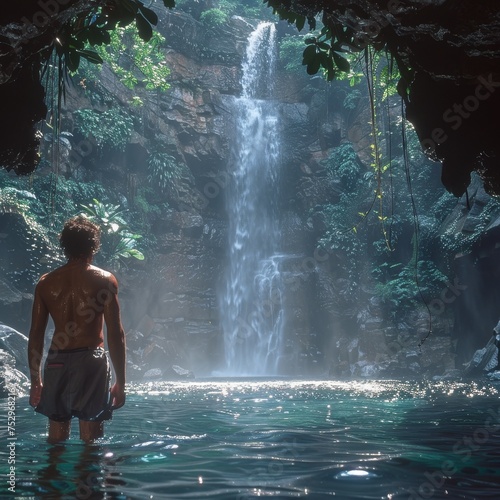 Tropical Waterfall Serenity - A backpacker standing under a secluded tropical waterfall, washing their face in the natural shower, surrounded by lush greenery. 