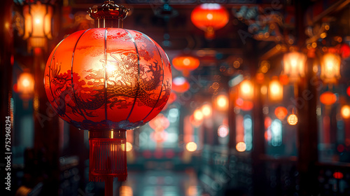 The Crimson Dragon Lantern: A Detailed Architectural Painting in Oriental Minimalism and 8K Resolution, Created with Generative AI Technology