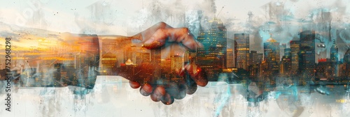 Wallpaper Mural Handshake over cityscape with digital effects. Two business professionals shaking hands with a vivid cityscape and digital connectivity effects in the background Torontodigital.ca