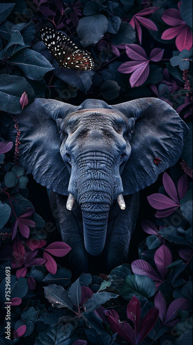 Mysterious elephant emerging from dark foliage with a butterfly