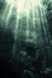 Ethereal smoke tendrils against a dark backdrop with light beams.