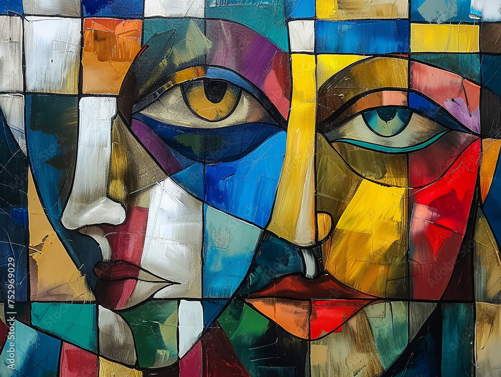 Fototapeta premium Colorful abstract mural of geometric faces