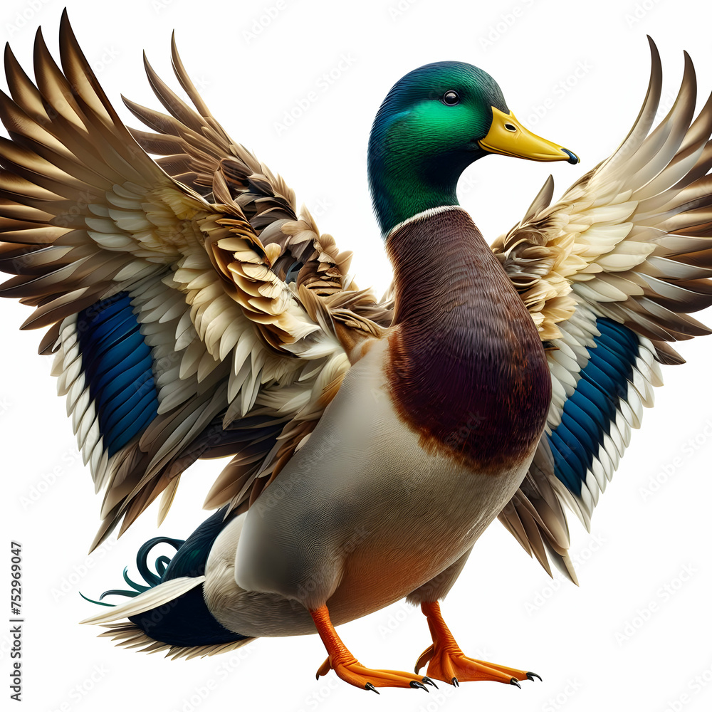Obraz premium mallard duck isolated on white background. bird, duck, animal, mallard, nature, wildlife, water, beak, feather, isolated, wild, feathers, mandarin, birds, colorful, puffin, white, Ai generated 