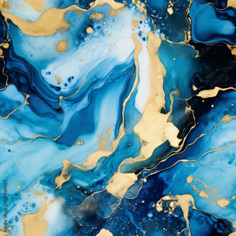 Lush blue abstract painting with golden swirls