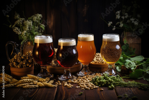 Composition of beer glasses with scattered hops and malt on a wooden table. Generated by artificial intelligence