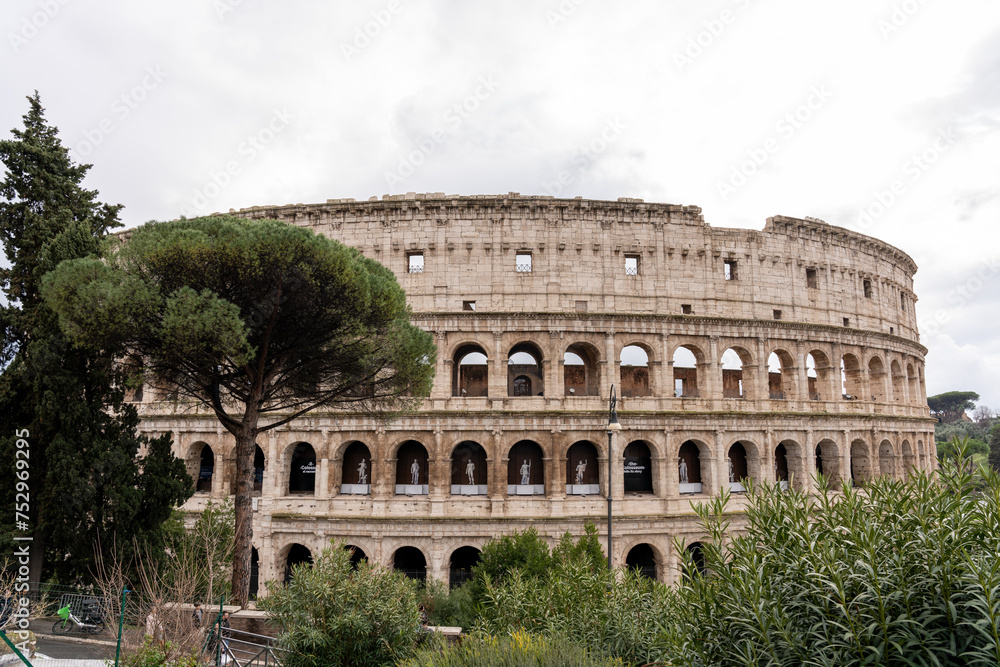 The Colosseum is a large, ancient building with a tree in front of it