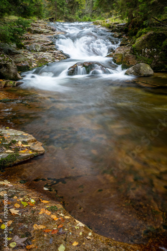 Mountain stream with colorful autumn leaves flowing over rocks and rocks.