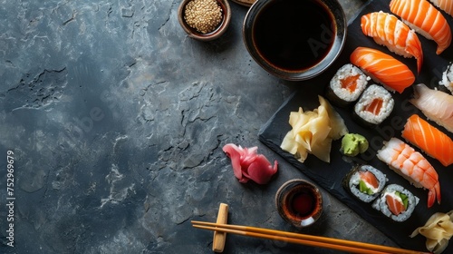 Sushi set on stone background, top view with space for text. Japanese Cuisine Concept with Copy Space. Oriental Cuisine Concept.