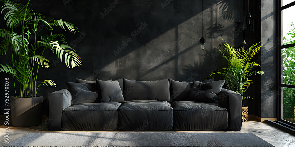 Modern Living Room In Dark Room With Black Sofa And Plants Background ...