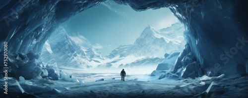 Ice cave paradise for ice climbing with moutaineer , winter landscape banner. Generative Ai. photo