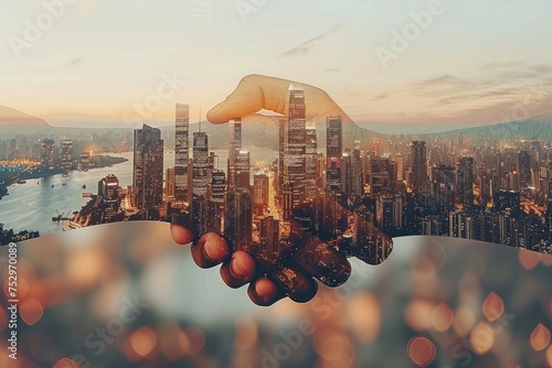 Handshake over cityscape with digital effects. Two business professionals shaking hands with a vivid cityscape and digital connectivity effects in the background