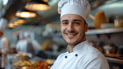 young male chef in a chef's hat with standing in restaurant kitchen and smiling, Blur effect in the background