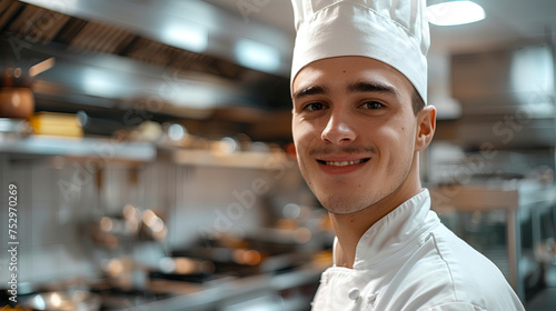 portrait of a chef in a chef's hat with standing in restaurant kitchen and smiling, Blur effect in the background