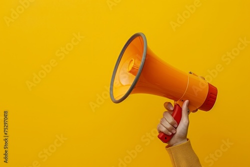 Hand holding a megaphone against a yellow background