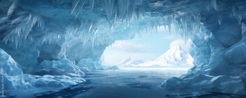 Obraz premium Ice cave paradise for ice climbing inside view , winter landscape banner. Generative Ai.