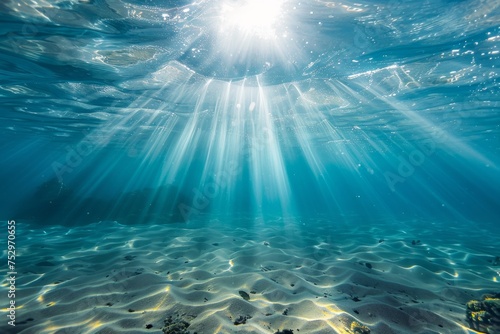 Underwater view with sunbeams shining through the ocean surface