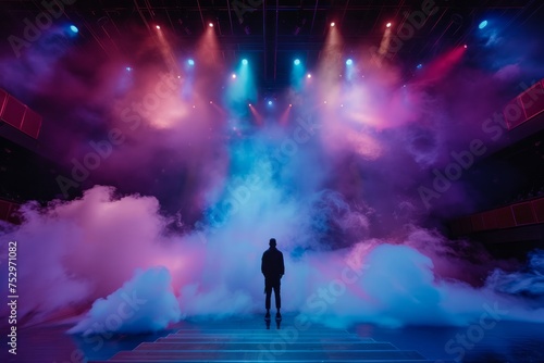 Person standing before a surreal stage with clouds and lights