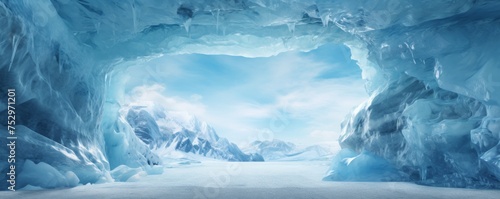 Ice cave paradise for ice climbing inside view , winter landscape banner. Generative Ai. © annamaria