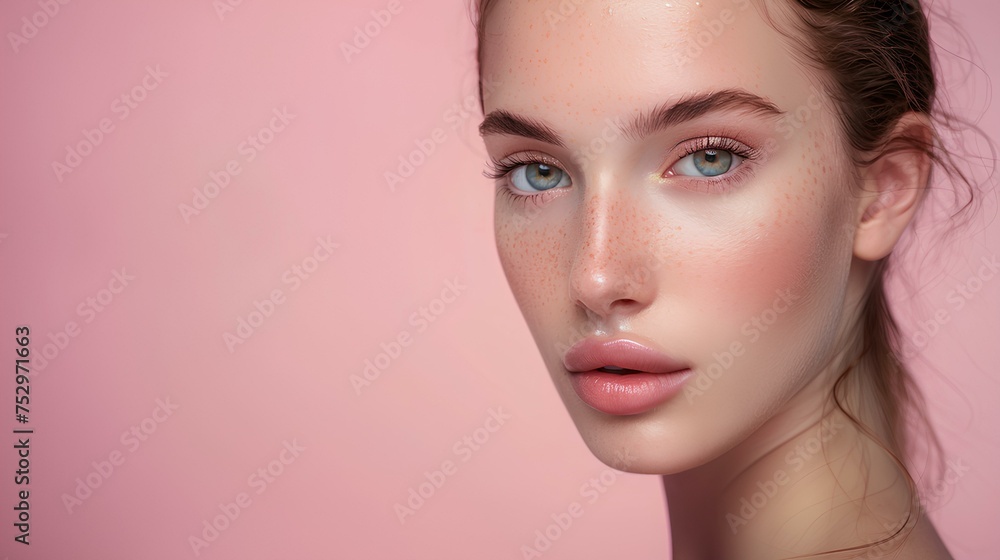 Fototapeta premium Beautiful young woman with clean fresh skin, natural make-up and blue eyes. Beauty face. Picture taken in the studio