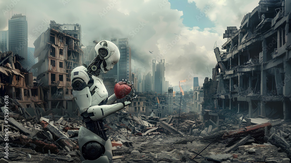 Robot in ruins of a destroyed building. 3D rendering - obrazy, fototapety, plakaty 