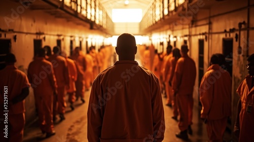 Rear view of prisoner in orange uniform walking in prison corridor © Ruslan Gilmanshin