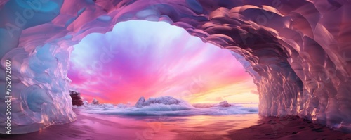 Ice cave cold inside view with colorful sunset light outside, winter landscape banner. Generative Ai. © annamaria