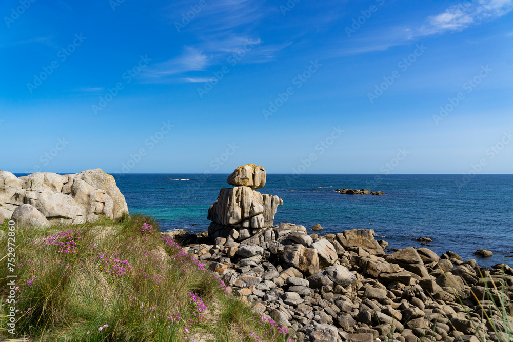 Sur le littoral breton, amas rocheux, oyats et fleurs violettes défient la mer, offrant une vue captivante.