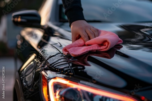 Polishing a black car with a microfiber cloth