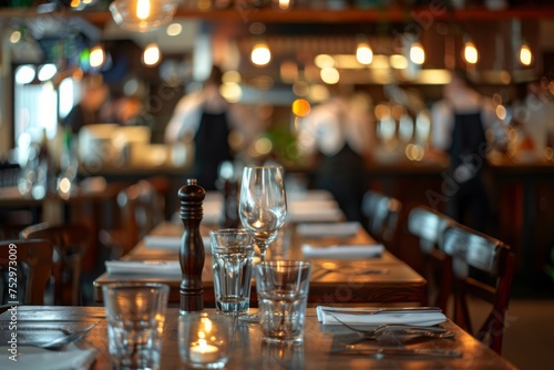 Busy restaurant interior with focus on dining setup photo