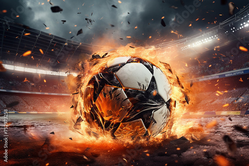 a football that after being kicked emits flames in the air, 3D ilustration. Inside stadium with our fans