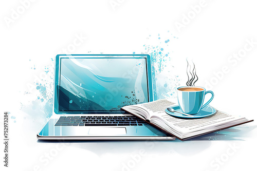 Laptop with coffee mug for morning remote work. Pc computer with cup of tea for freelance home office. Notebook for business and study. isolated on a Transparent background. Generative AI
