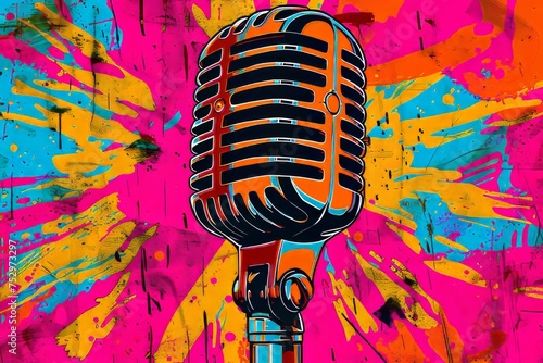 Retro microphone with colorful pop art background