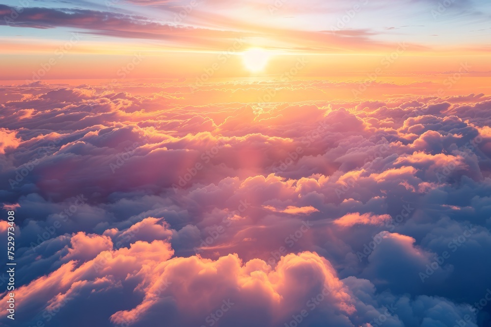 Sunrise above the clouds with mountain peaks
