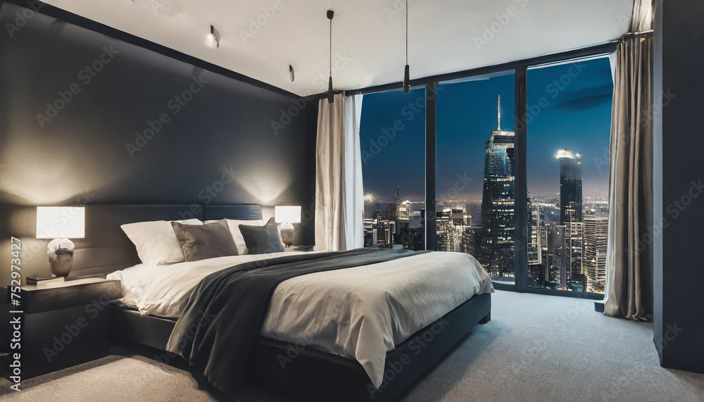 Dark bedroom with light on the skyscrapers Dark bedroom with light on the skyscrapers