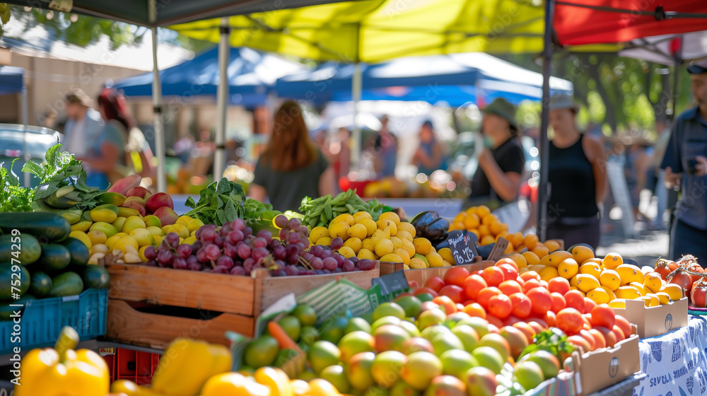 A bustling farmer's market with fresh produce and artisanal goods