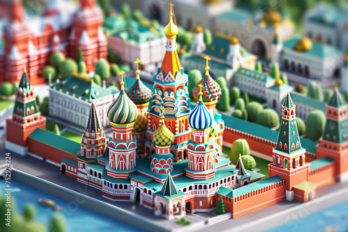 3D isometric diorama model of the Kremlin and Red Square in Moscow  Russia  showcasing its iconic cathedrals  fortress walls