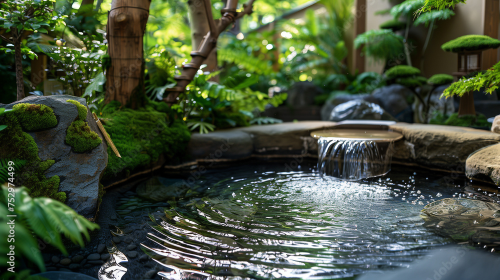 zen garden with lush foliage and tranquil water features, offering a harmonious backdrop for showcasing wellness and relaxation zen garden with lush foliage and tranquil water features, offering a harmonious backdrop for showcasing wellness and relaxation