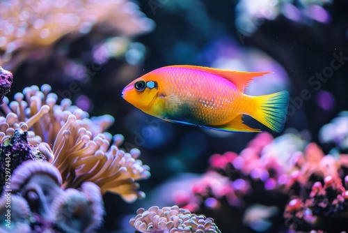 Colorful fish swimming in a coral reef aquarium