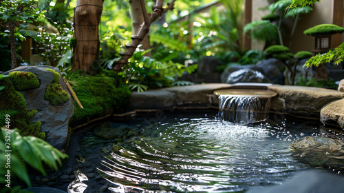  zen garden with lush foliage and tranquil water features, offering a harmonious backdrop for showcasing wellness and relaxation