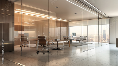 A sleek modern office with glass partitions and ergonomic furniture